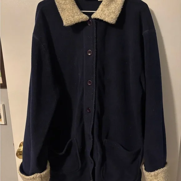 Jennifer Moore Navy Coat with Cream Collar Bard Coat Style Cozy Girly Jacket - Picture 1 of 4